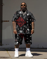 Men's Plus Size Street Hip Hop Rose Skull Paisley Print T-Shirt Shorts Suit